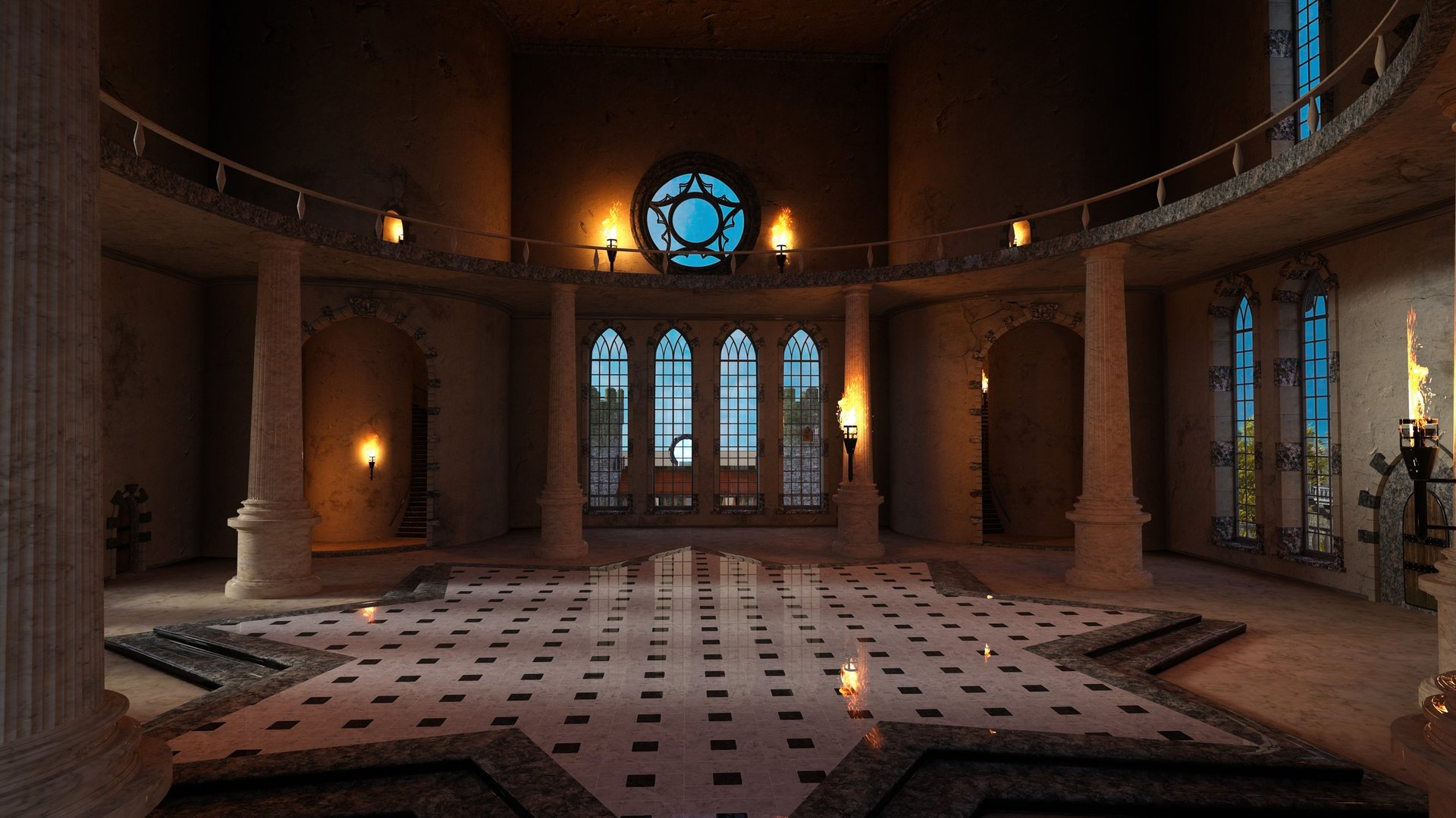 Large room with polished marble floor inside an old medieval castle