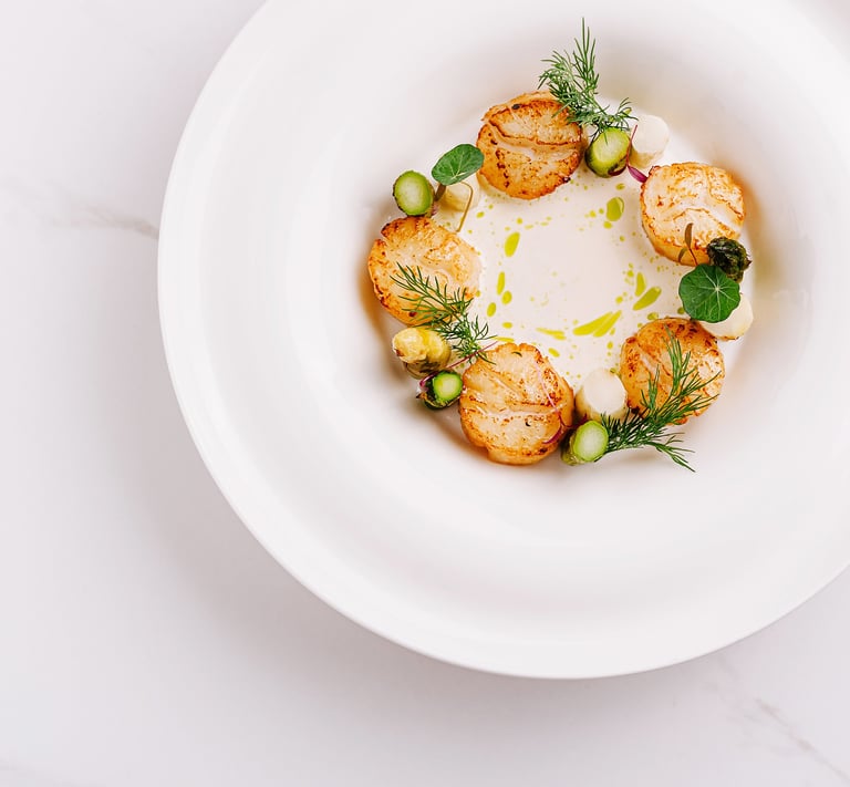 A fine dining dish features beautifully seared scallops arranged in a circular pattern on a white plate with fresh herbs and aromatic sauce