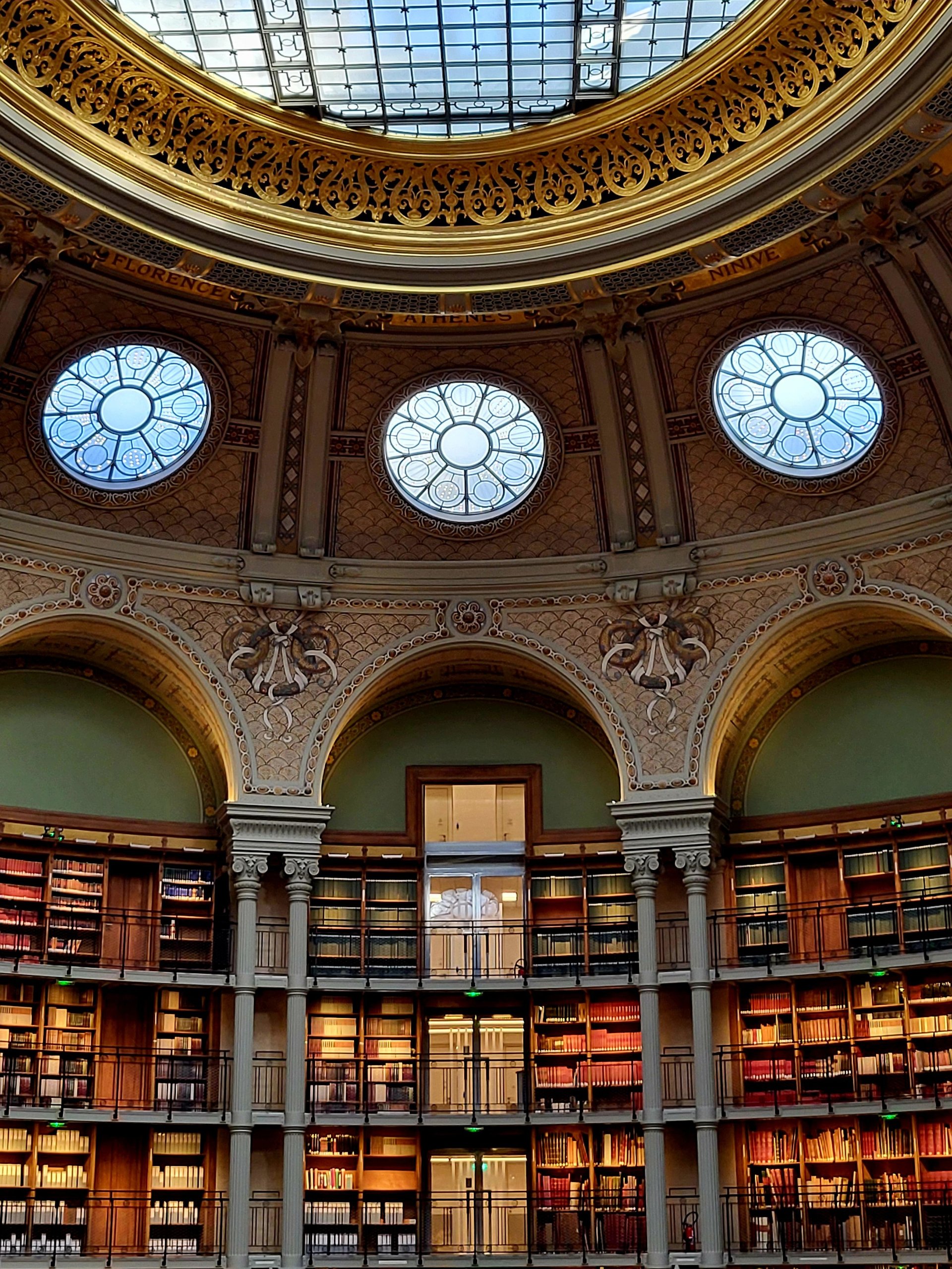 Elegant library room with curved bookshelves and warm lighting
