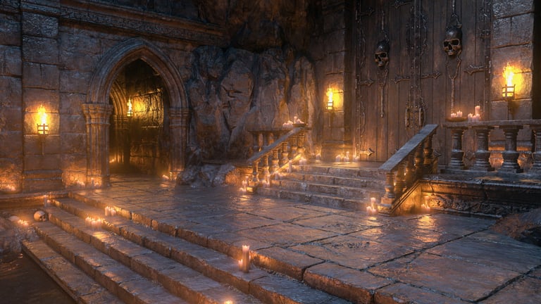 Candlelit stone steps leading to a large wooden door decorated with black metal skulls in a medieval castle