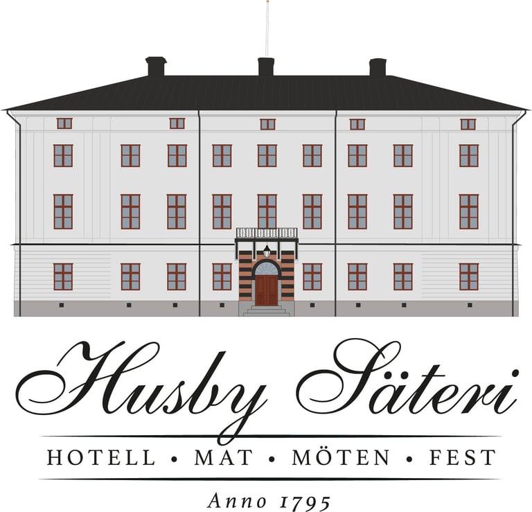 Logo for Husby Sateri, a historic Swedish hotel established in 1795, featuring a detailed illustration of a white building with black roof