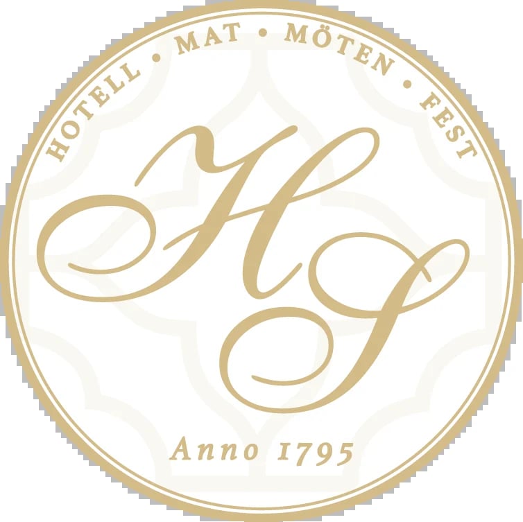 Oval hotel logo with gold border featuring stylized HF monogram, text Hotell Mat Moten Fest and Anno 1795