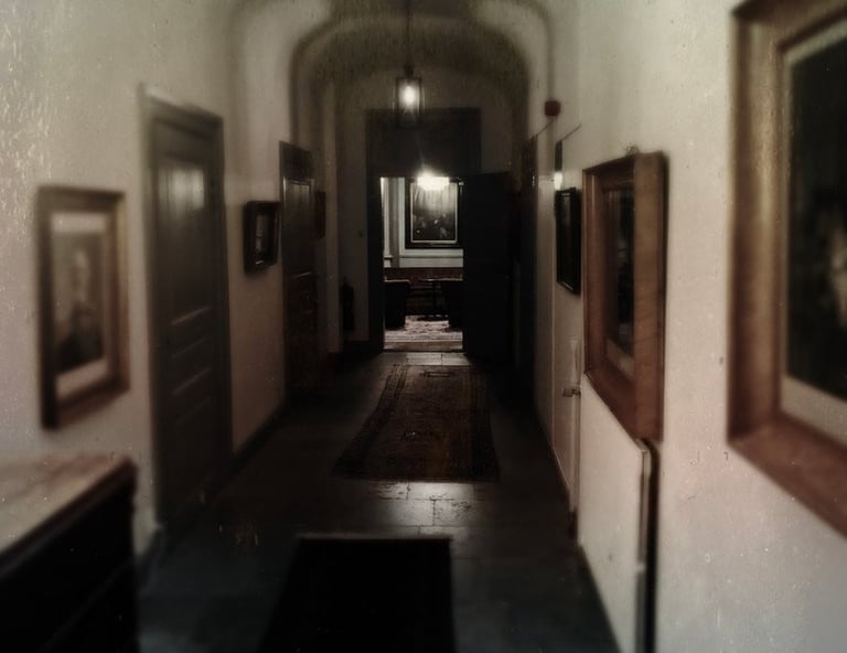 Long dark hallway with white walls, wooden doors on both sides, framed artwork, and a lit archway at the end