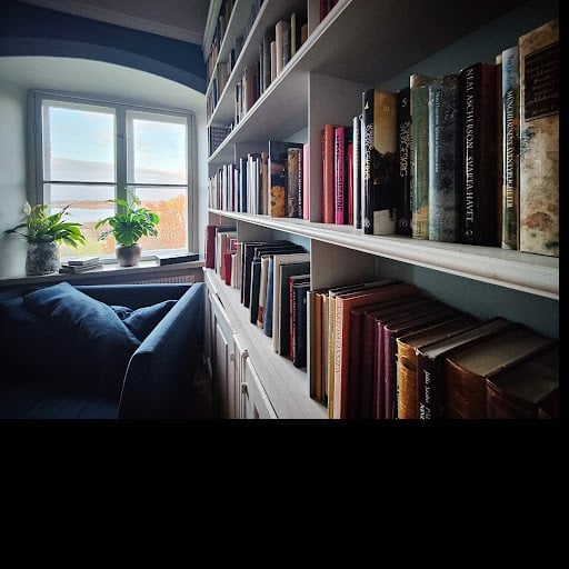 Cozy reading nook with blue cushioned window seat and white built-in bookshelves filled with colorful books along the wall