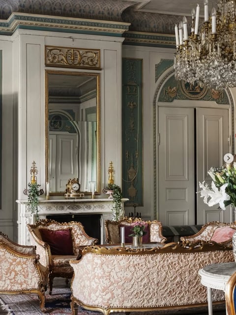 Elegant neoclassical living room with ornate fireplace, large mirror, upholstered furniture, crystal chandelier, and decorative molding