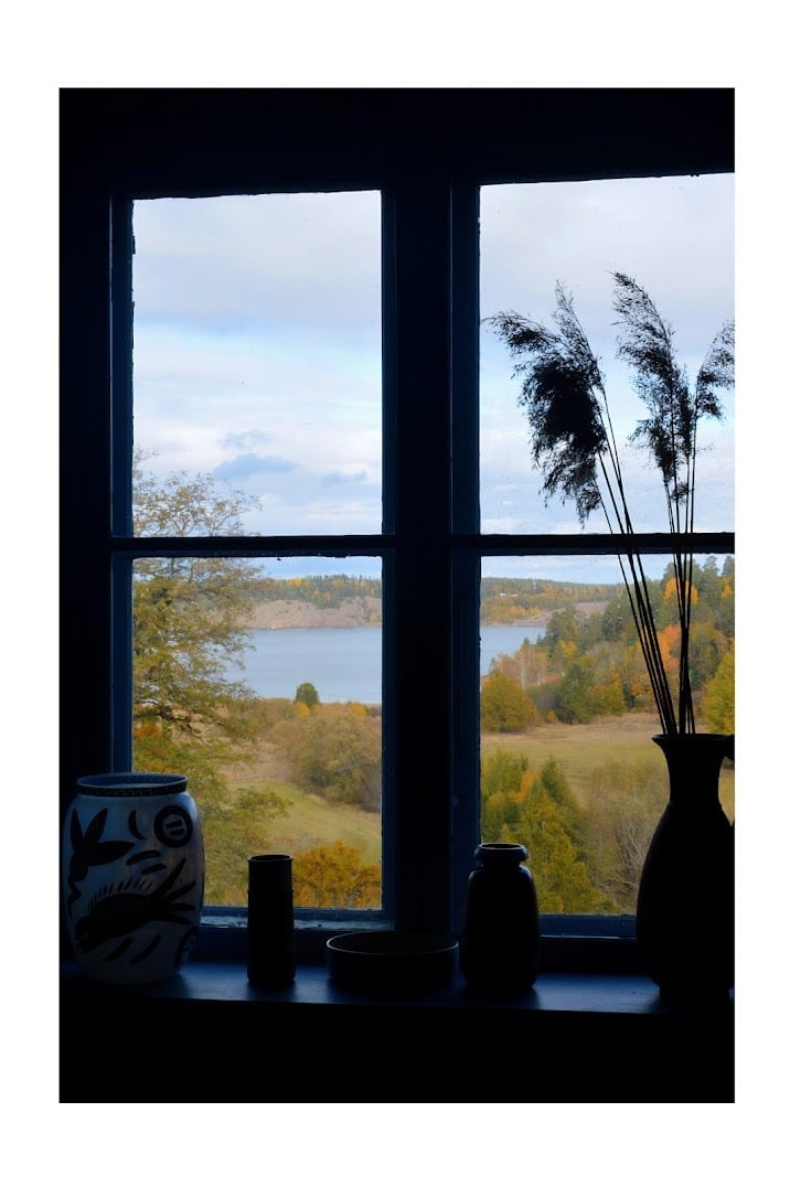 Window view of a lake and forested landscape with pampas grass and decorative objects on the sill