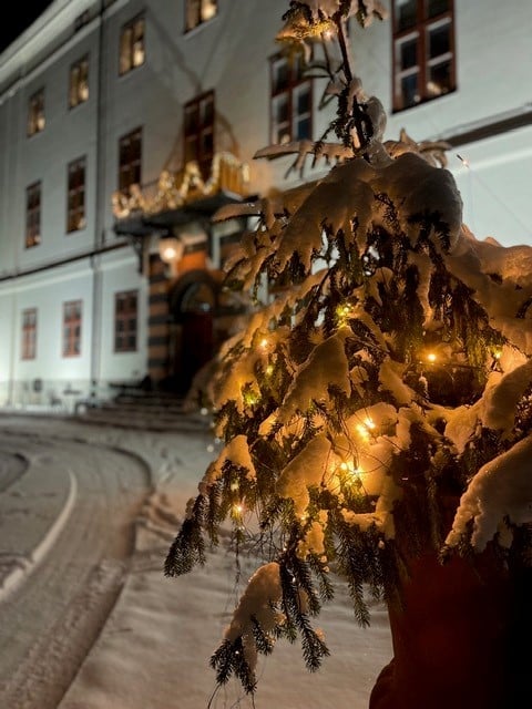 Illuminated holiday garland with warm lights draped on a building exterior at night