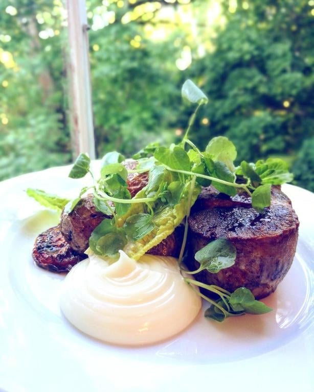 Plated gourmet dish with seared beef medallions, creamy sauce swirl, and microgreens garnish on white plate